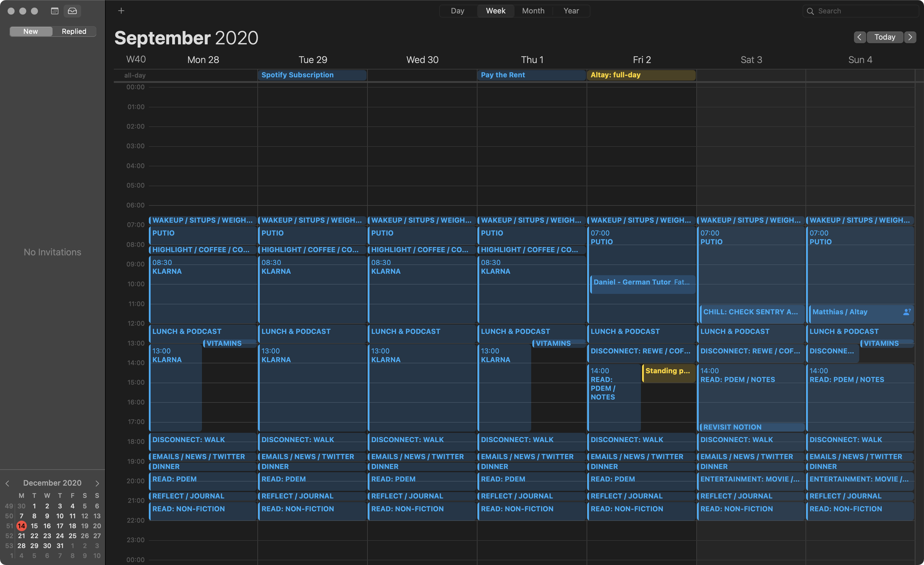 My calendar from September 2020