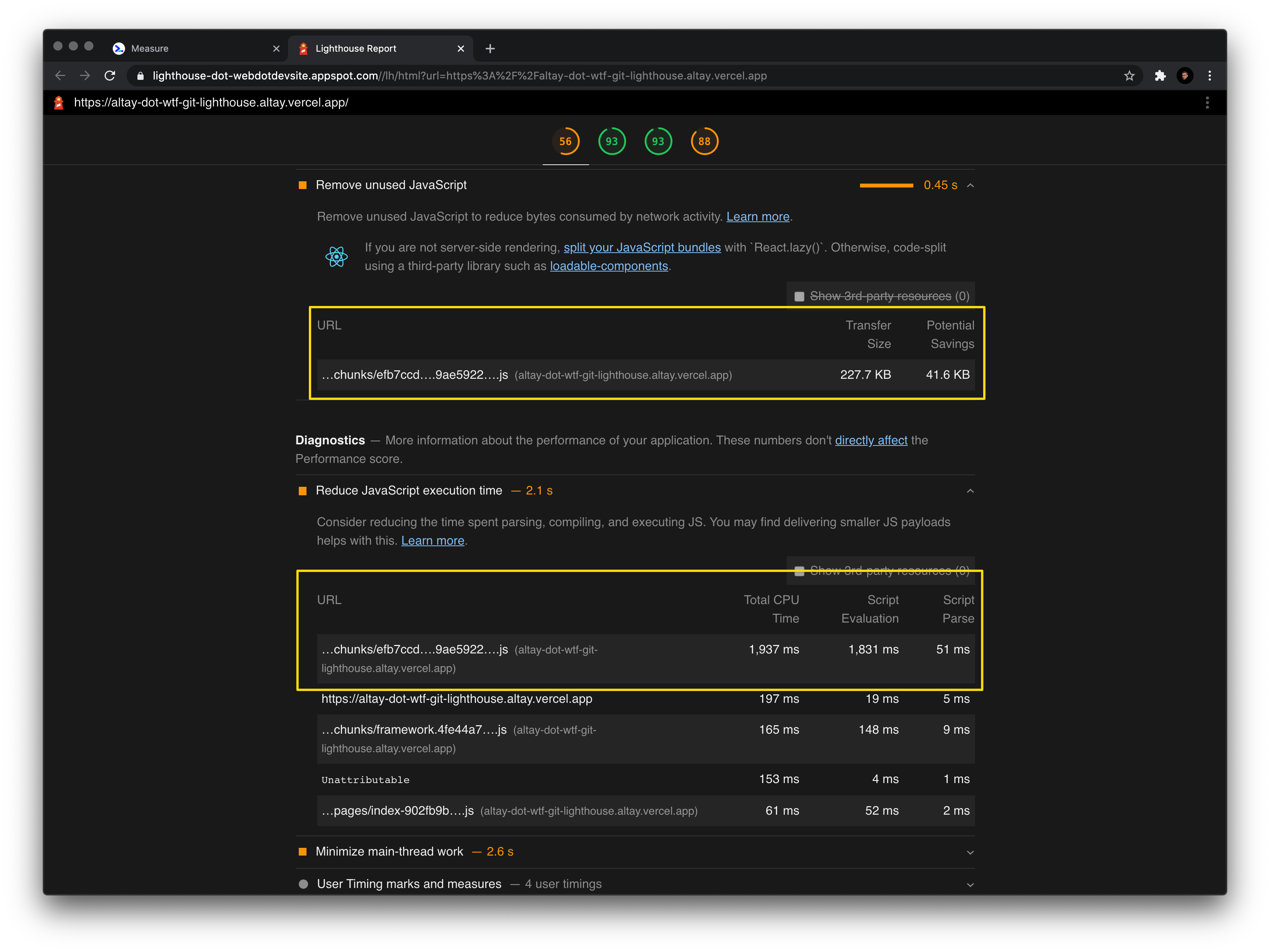 Lighthouse score details, before the optimization